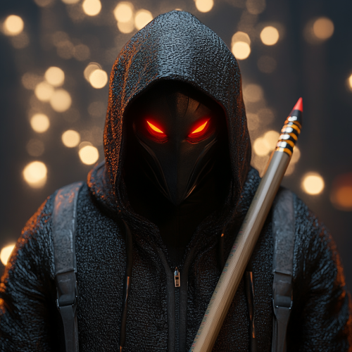 A giant evil character with red eyes holding pencil.