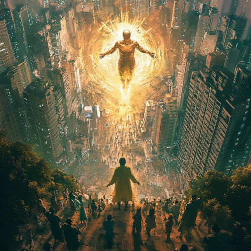 A giant god greets humans in anime city A giant god greets humans in anime city