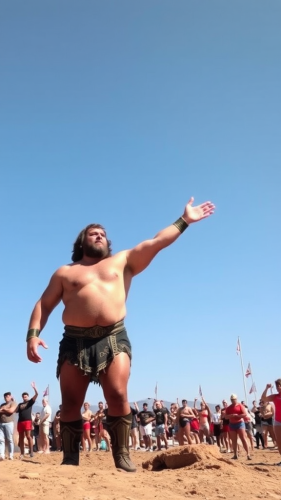 A giant standing with arms outstretched