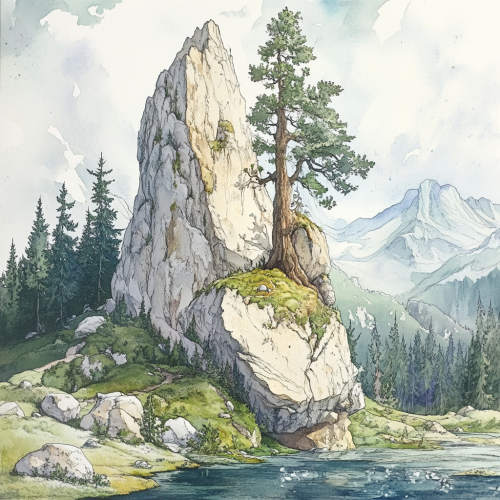 A giant tree growing up mountain in watercolor
