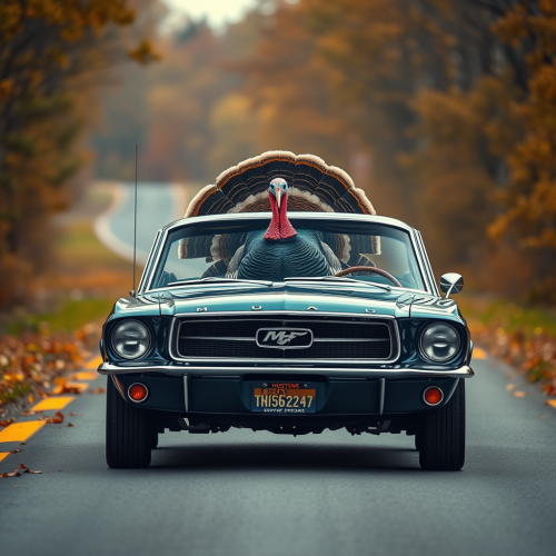 A giant turkey drives Ford Mustang on road.
