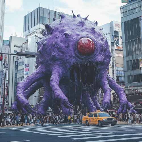 A gigantic purple monster with red eyes