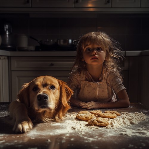 A girl and dog baking cookies in flour.
