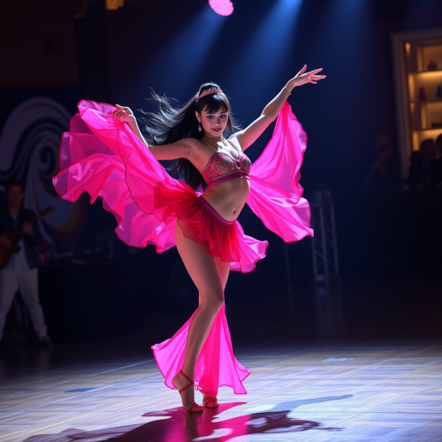 A girl dancing gracefully in a pink dress.