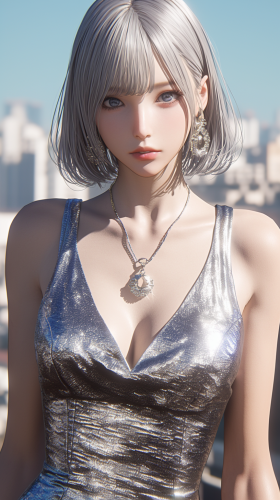 A girl in metallic dress with manga face pose.