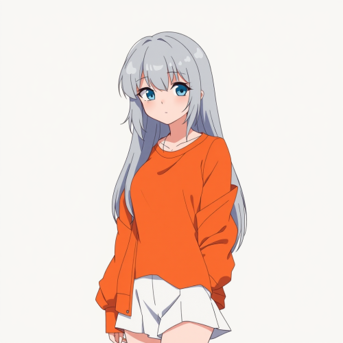 A girl in retro anime style with grey hair.