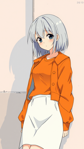 A girl in retro outfit leaning against wall