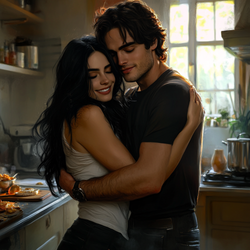 A girl in t-shirt hugs a boy, smiling