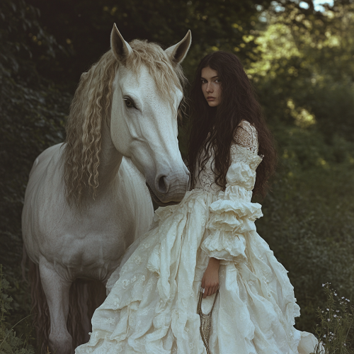 A girl in white dress with unicorn in forest