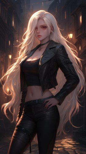 A girl in white with red eyes in city