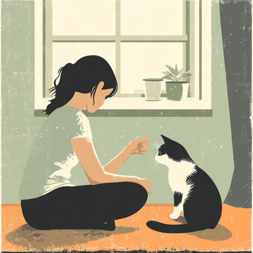 A girl playing with a cat in calm colors