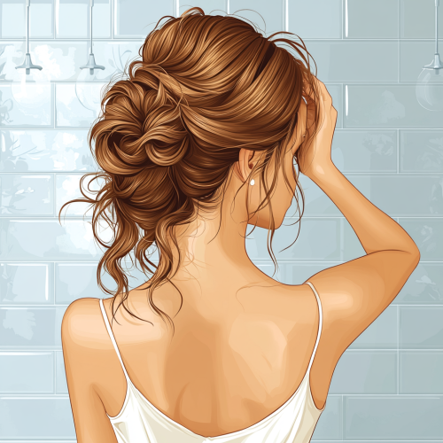 A girl touching her curly hair in bathroom