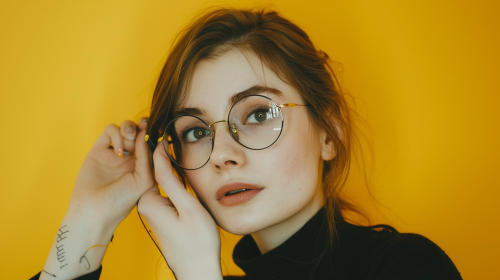 A girl with glasses on yellow background