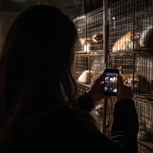 A girl with phone shows dark room with chinchillas