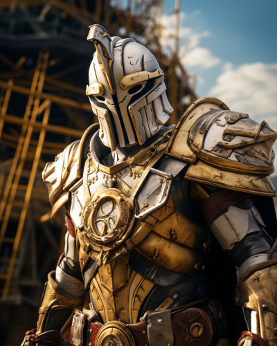 A gladiator in gold armor with snake sword