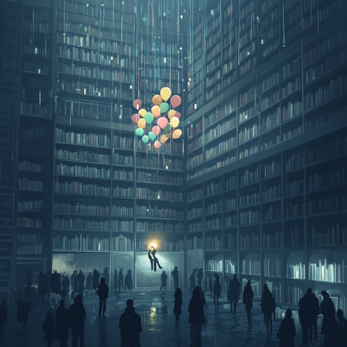 A gloomy library with students reading grey books. One student with colorful balloons and glowing book stands out.