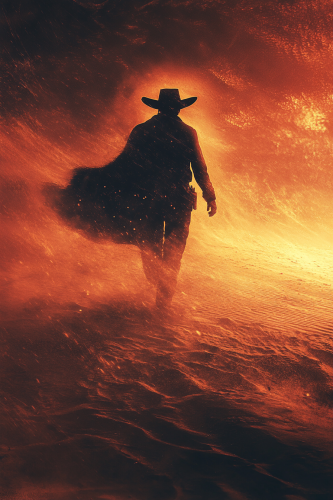 A glowing cowboy in desert sandstorm