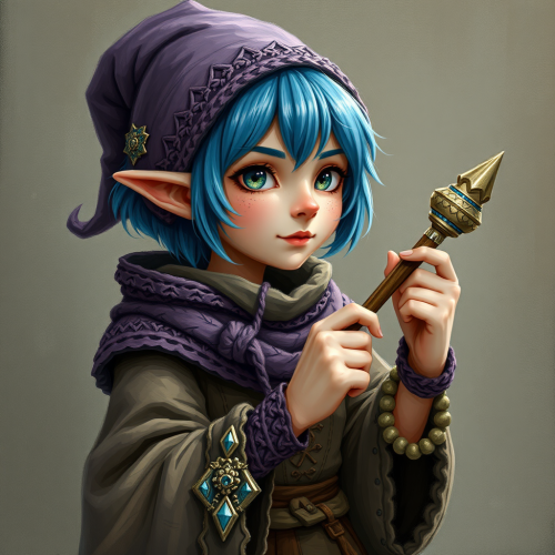 A gnome wizard with blue hair and a crochet wand.