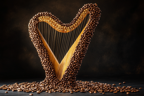 A golden harp made of coffee beans