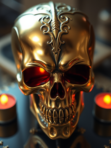 A golden skull with a red eye.