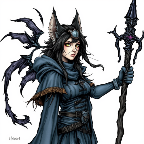 A gothic cat sorcerer with staff on white.