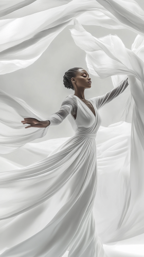 A graceful black model in flowing white silk
