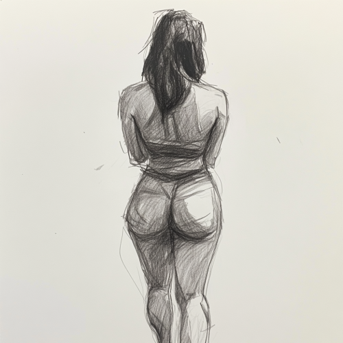 A graceful woman in charcoal, facing away