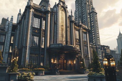 A grand, tall skyscraper in the city scene