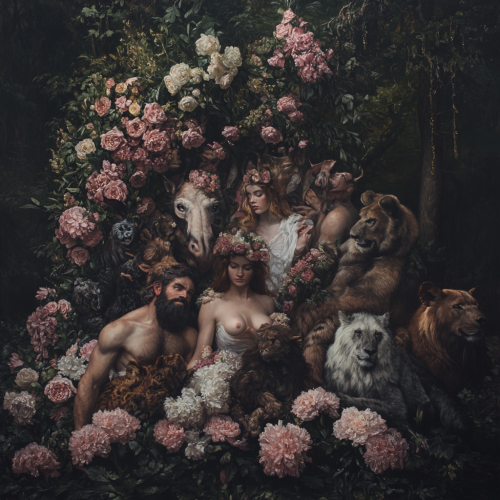 A group of people with wild animals in forest