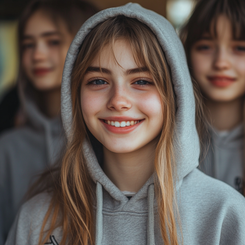 A group of smiling teenagers in matching hoodies