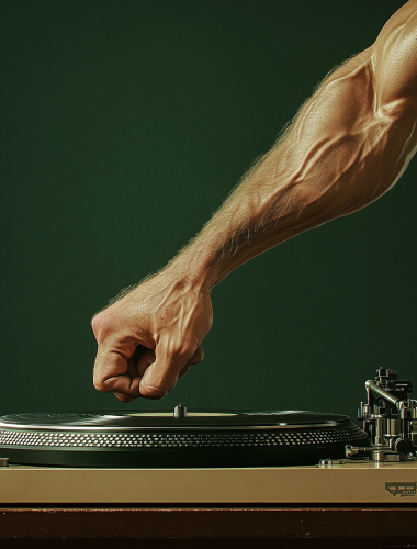 A hairy arm holding hand on turntable
