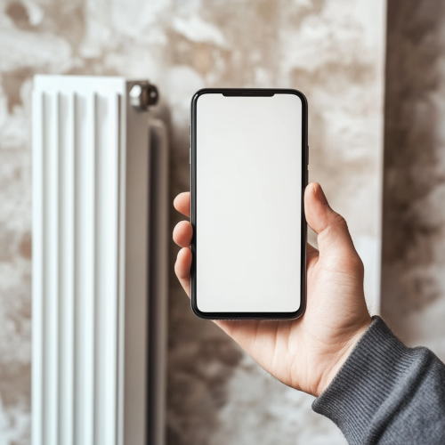 A hand holds phone next to heating system