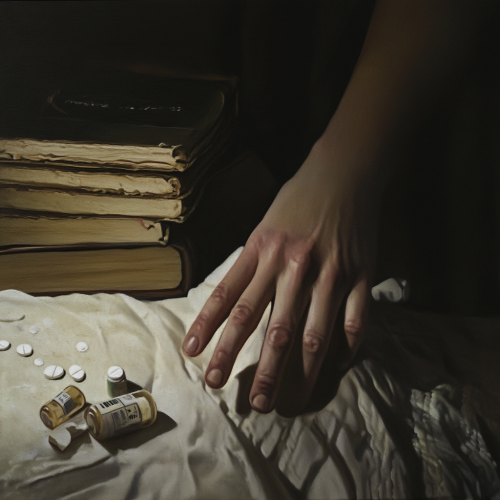 A hand on bed with books & pill bottles