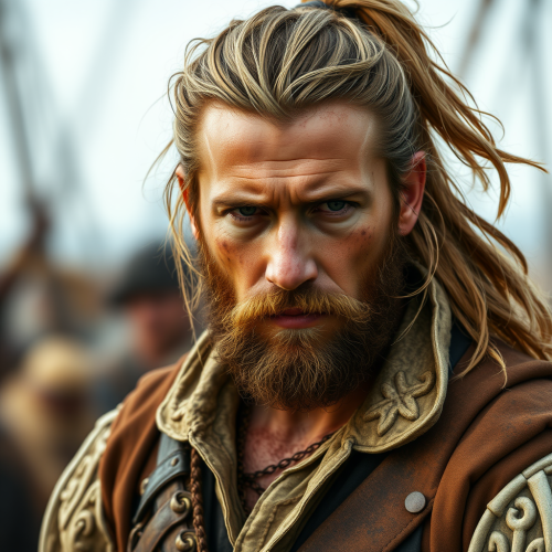 A handsome pirate with blonde hair and facial hair.