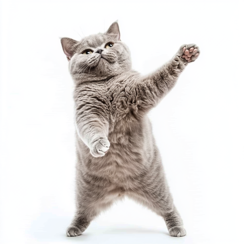 A happy British shorthair cat posing on two legs.