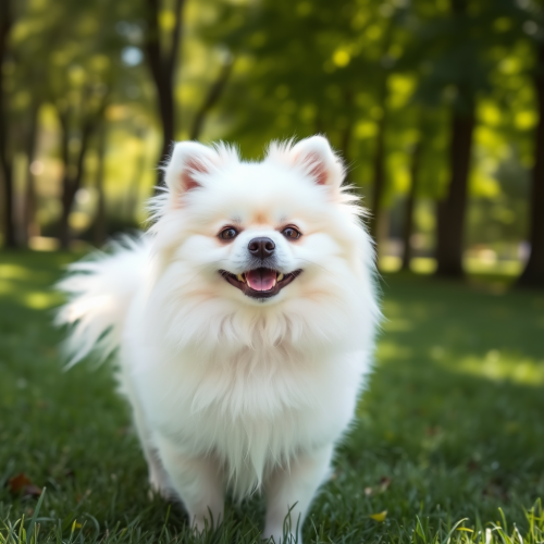A happy Pomeranian dog in a sunny park.