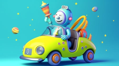 A happy astronaut on colorful cartoon car