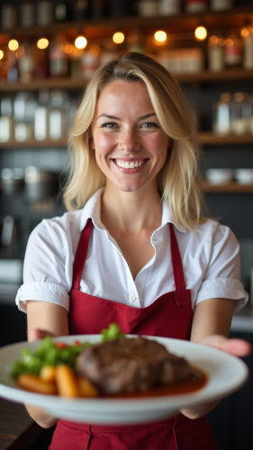 A happy blonde waitress serving beef dish.