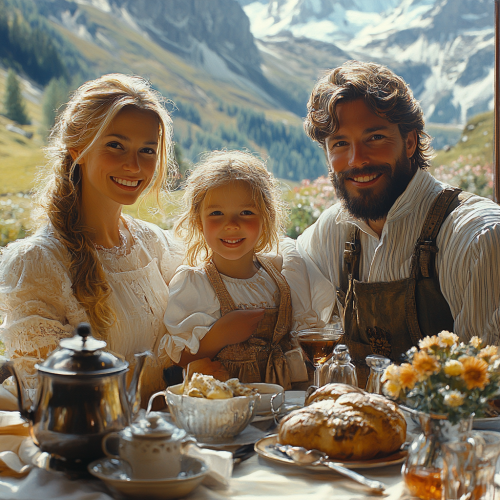A happy family posing outside Swiss Alps restaurant A happy family posing outside Swiss Alps restaurant