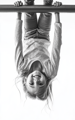 A happy girl on monkey bar, upside down