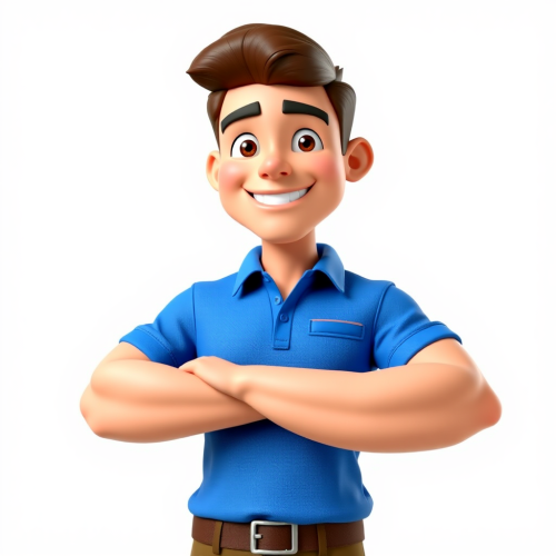 A happy strong roofer in blue shirt.