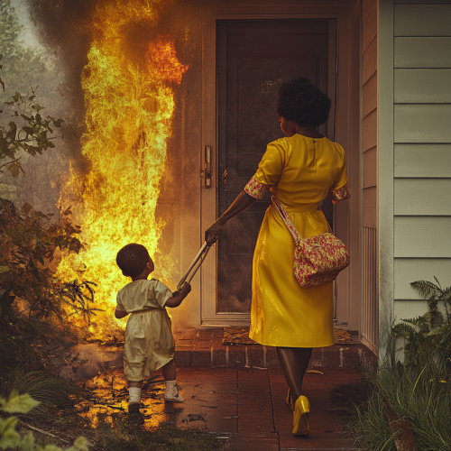 A hero black woman saving toddler from fire.