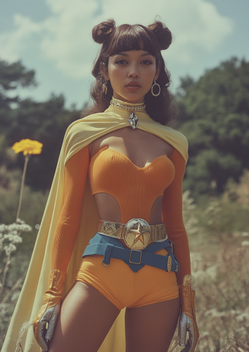 A hero wearing a cape in 70's style