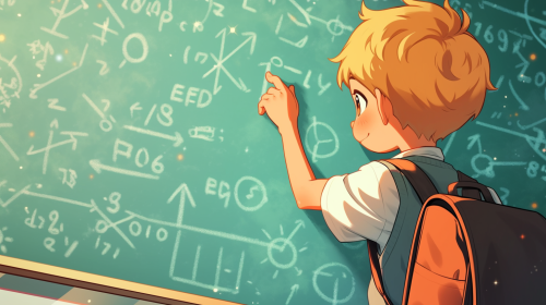 A joyful student solves math on classroom board. A joyful student solves math on classroom board.