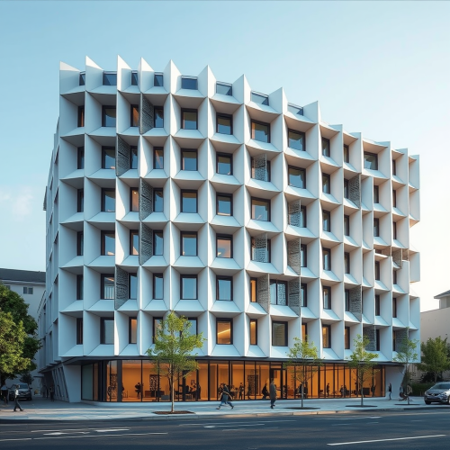 A kinetic facade with movable modules for climate control.