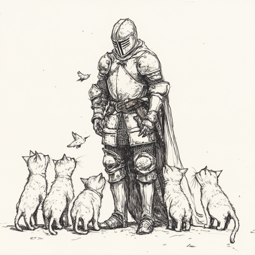 A knight in armor with five cats.