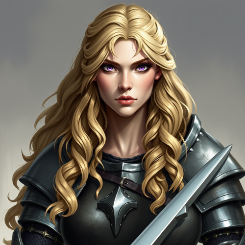 A large, muscular female knight with purple eyes.