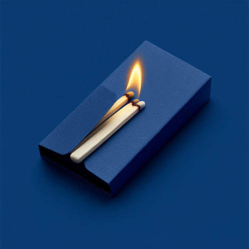 A lit match on navy matchbook on blue.