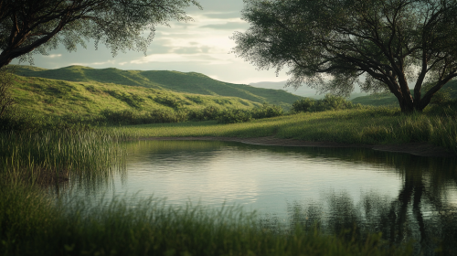 A lush African landscape with a small lake