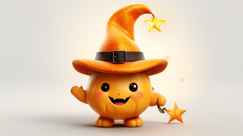 A magical pumpkin with wand and hat, autumn scene